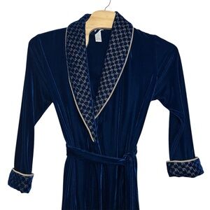 Vintage Vanity Fair Robe Blue Gold Corded Velour Long Medium House Coat‎ Stretch